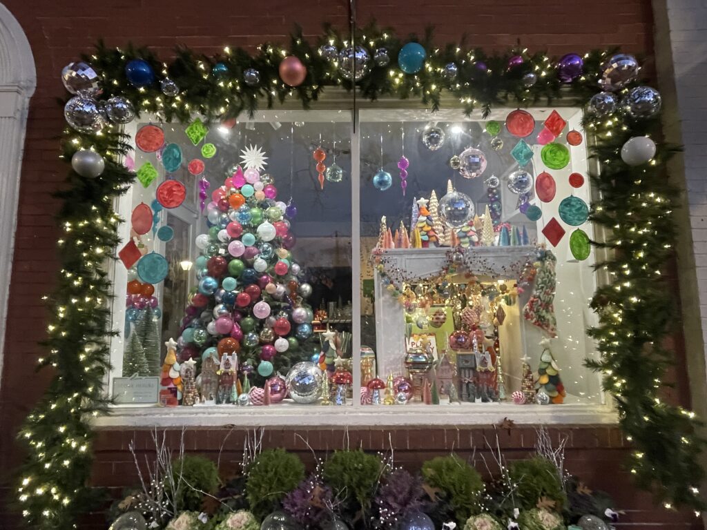 Christmas decorations in store front window