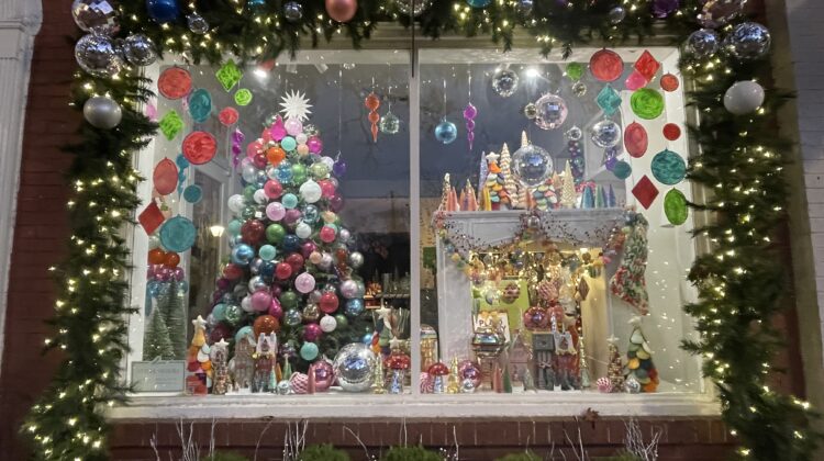 Christmas decorations in store front window