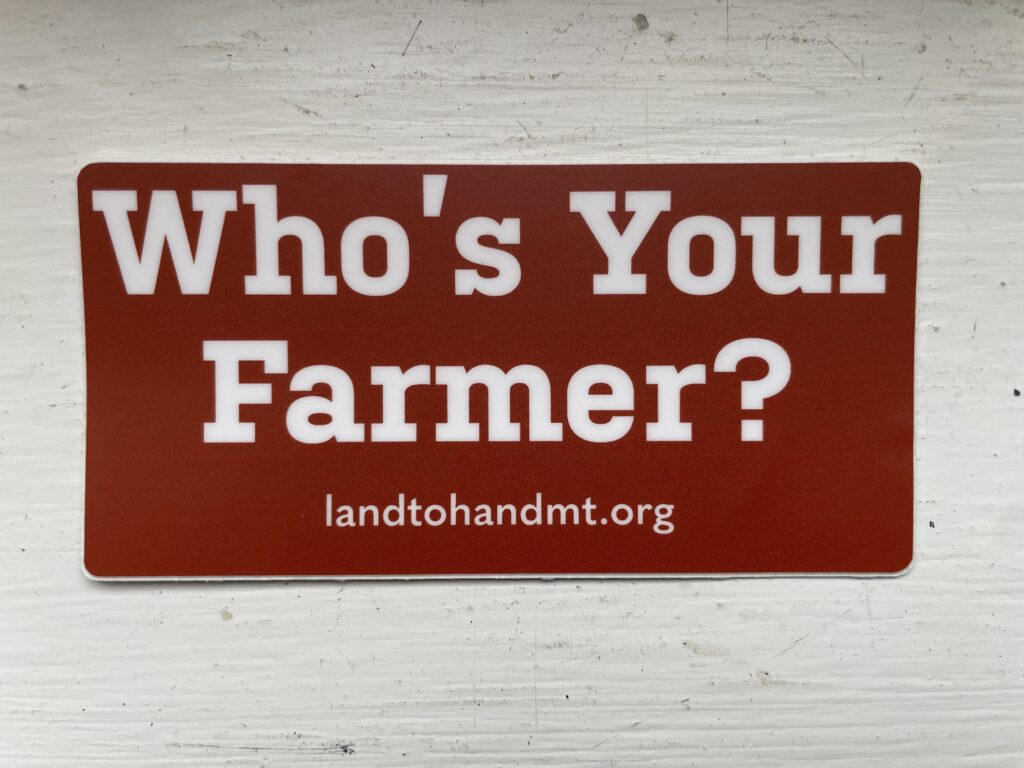 A sticker with "who's your farmer?" on it